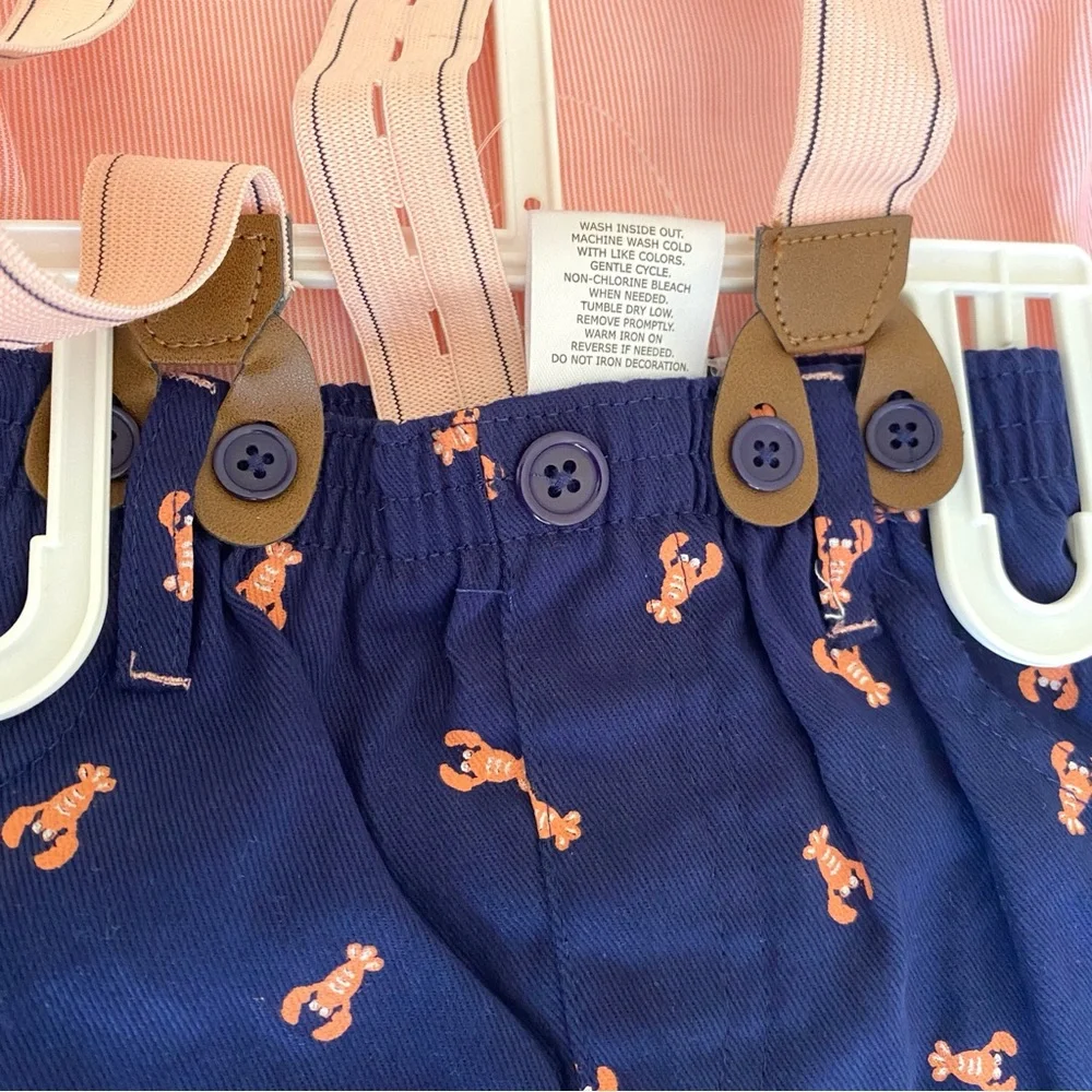 DAPPER DUDE SUSPENDER SHORT PANTS SHIRT SET 12 MONTHS PINK BLUE NWT EASTER